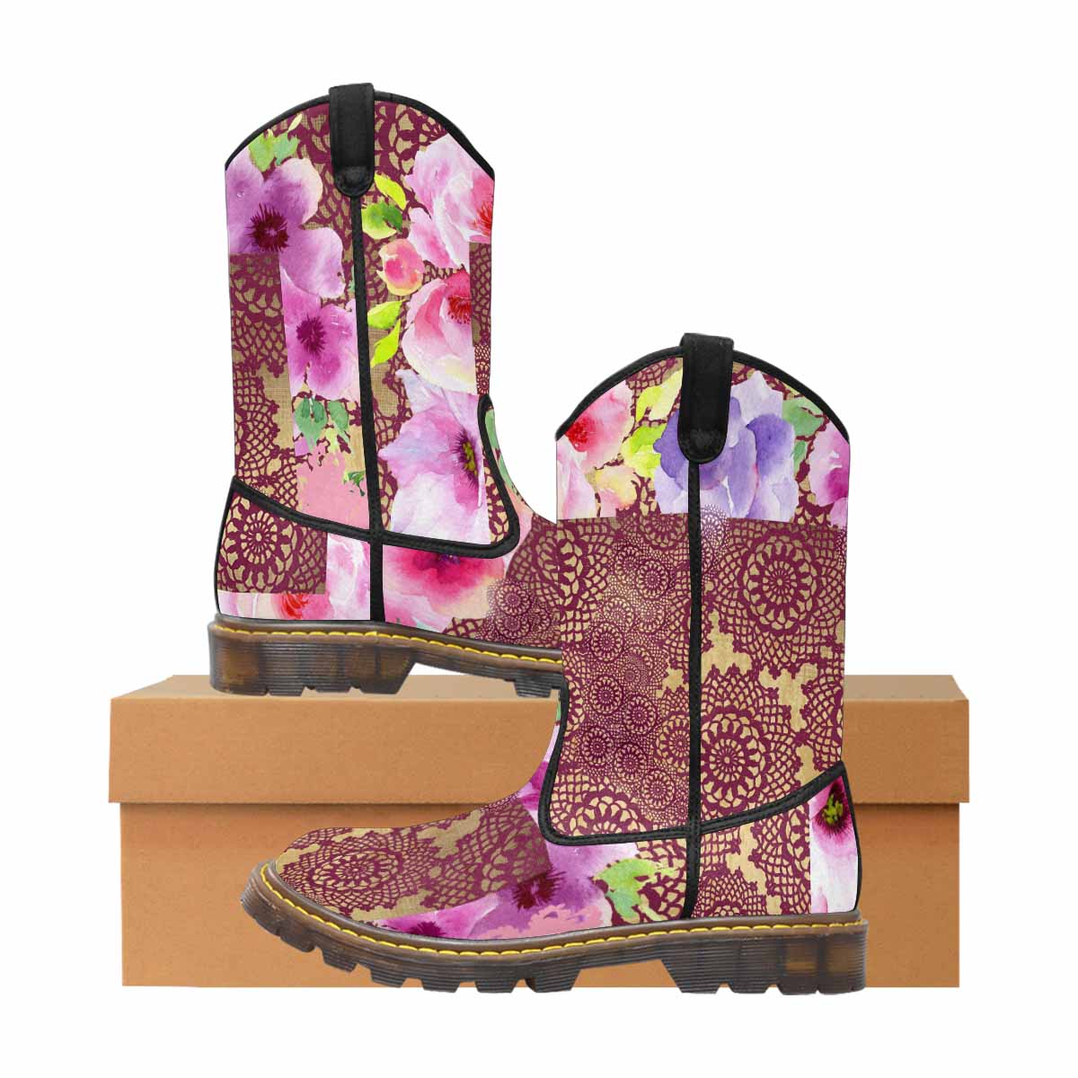 Victorian lace print, western lumber boots, design 13