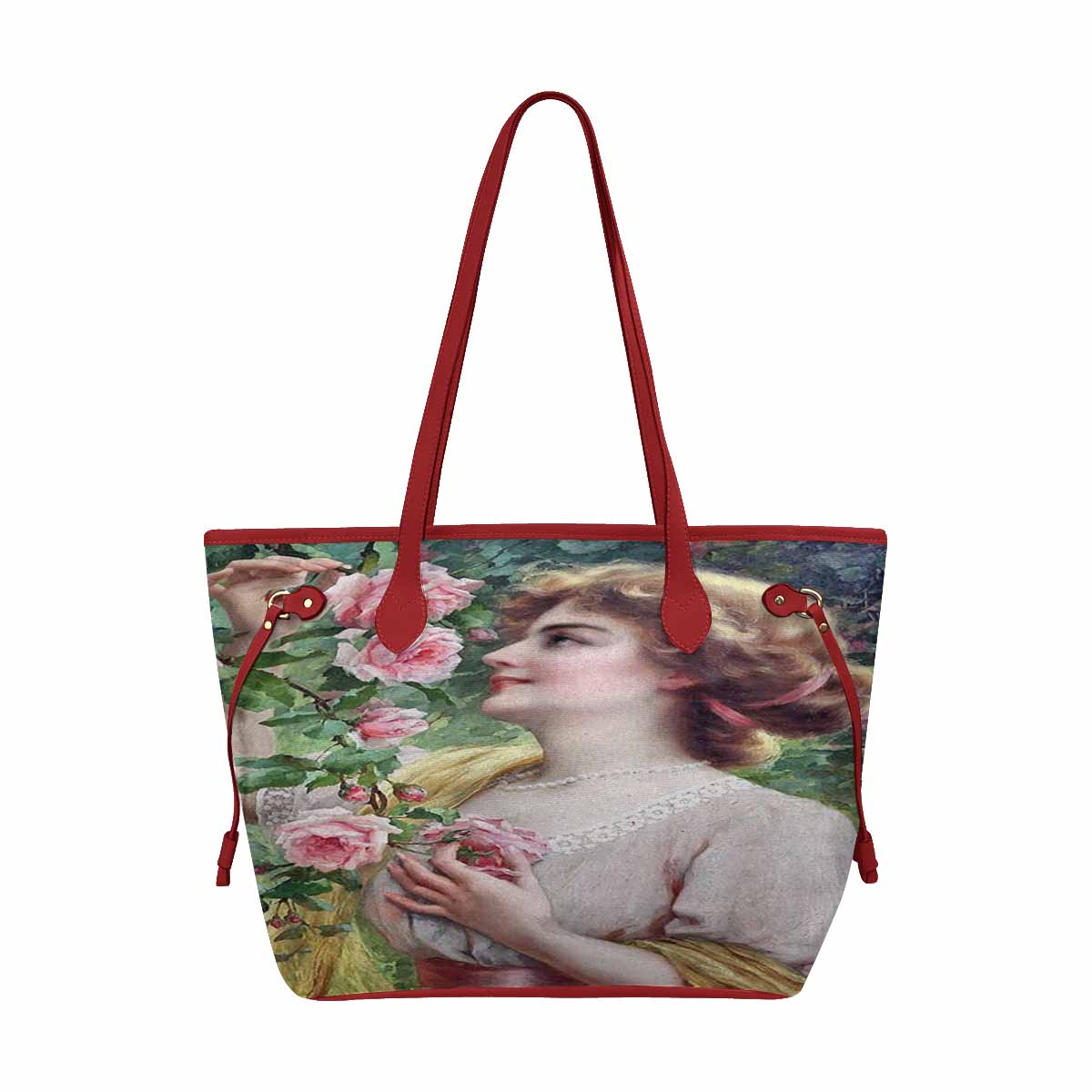 Victorian Lady Design Handbag, Model 1695361, Lady Picking A Pink Rose, RED TRIM
