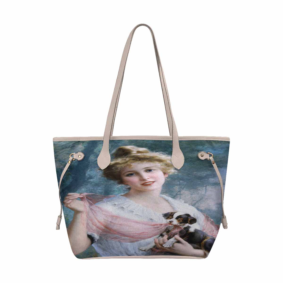 Victorian Lady Design Handbag, Model 1695361, The Mischievous Puppy, BEIGE/TAN TRIM