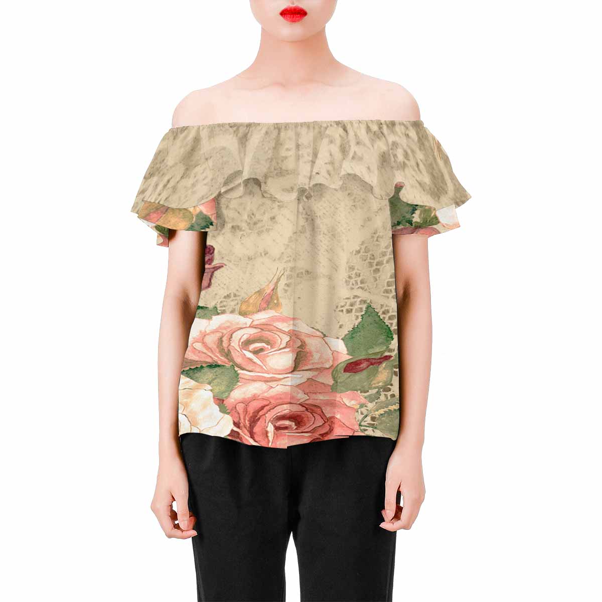 Victorian Lace print Chiffon Blouse, design 25