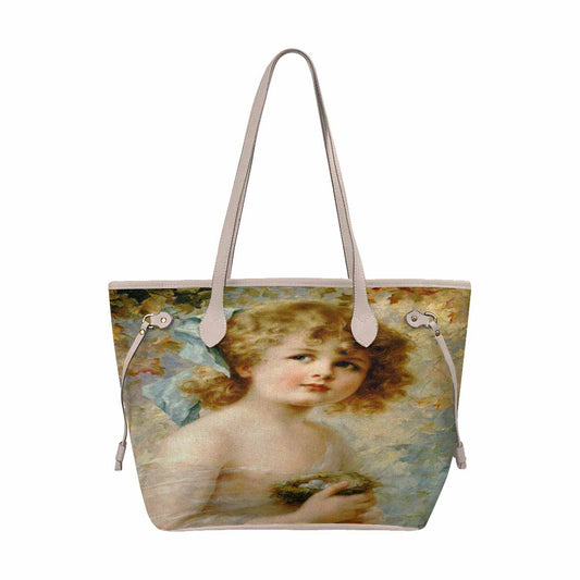 Victorian Girl Design Handbag, Model 1695361, Girl Holding A Nest, BEIGE/TAN TRIM
