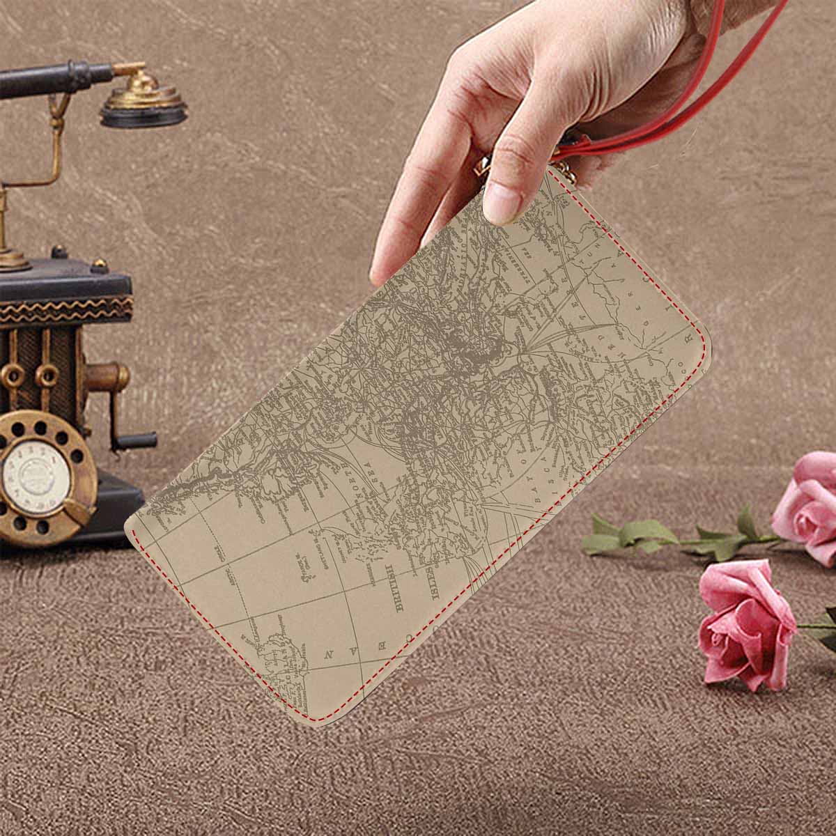 Antique Map design , womens wallet, clutch purse, Red TrimDesign 54