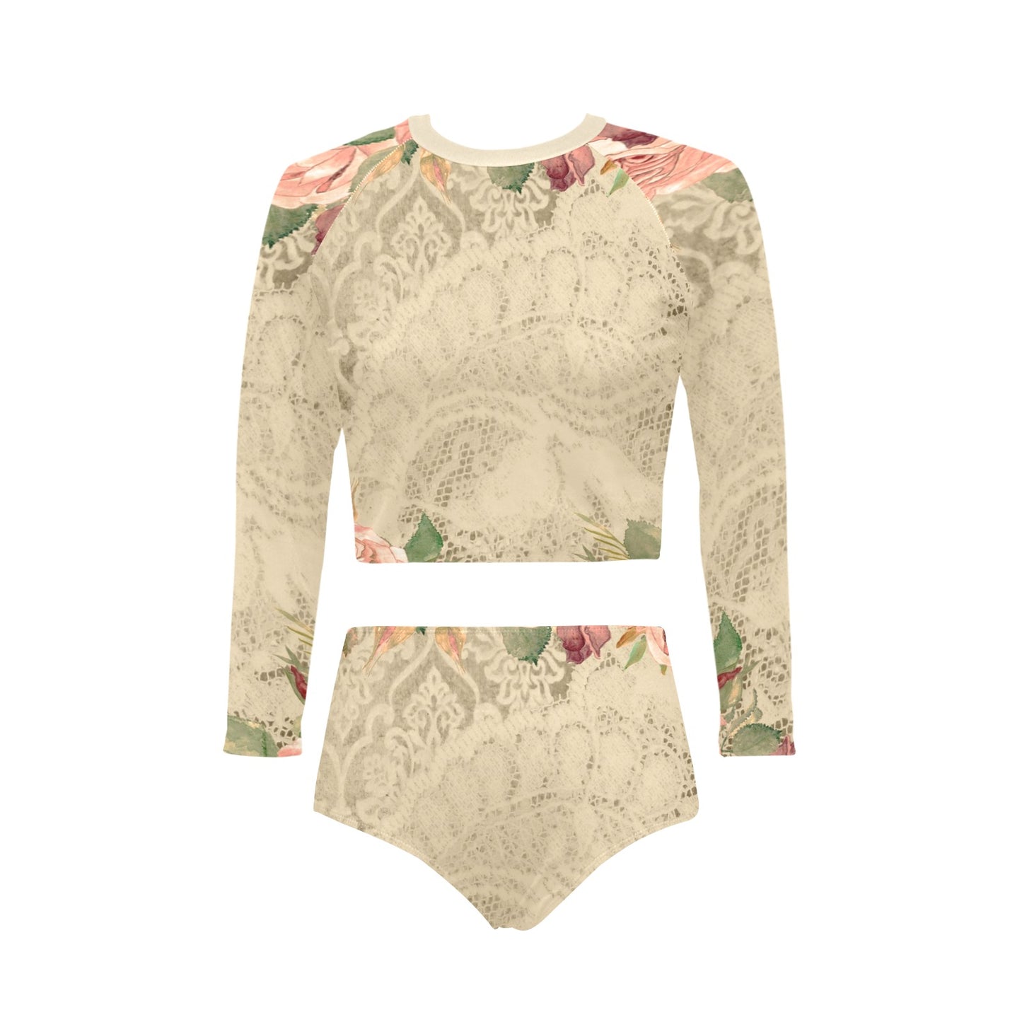 Victorian printed lace, long sleeve 2pc swimsuit, beachwear, design 25 Long Sleeve Bikini Set (Model S27)