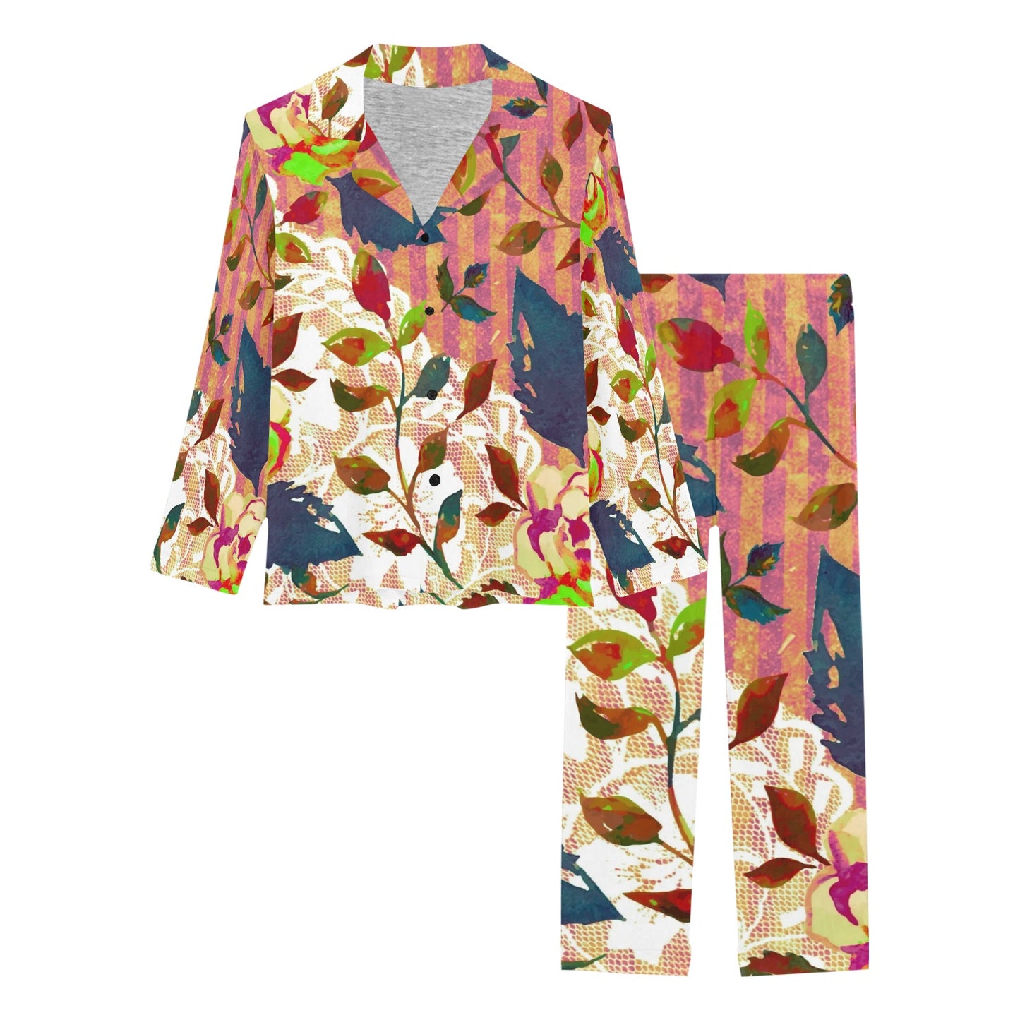 Victorian printed lace pajama set, design 22 Women's Long Pajama Set (Sets 02)