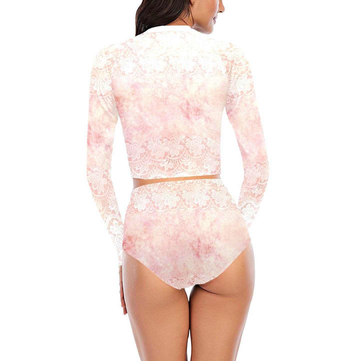 Victorian printed lace, long sleeve 2pc swimsuit, beachwear, design 38 Long Sleeve Bikini Set (Model S27)
