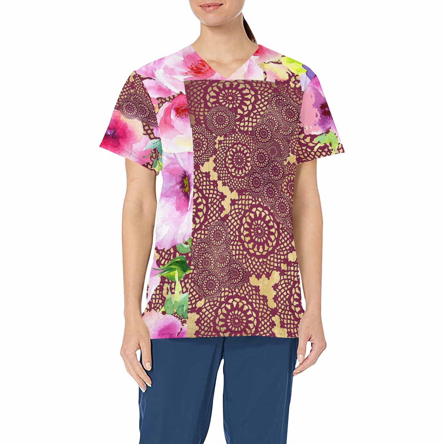 Victorian lace print professional scrubs, nurses scrub, unisex, design 13