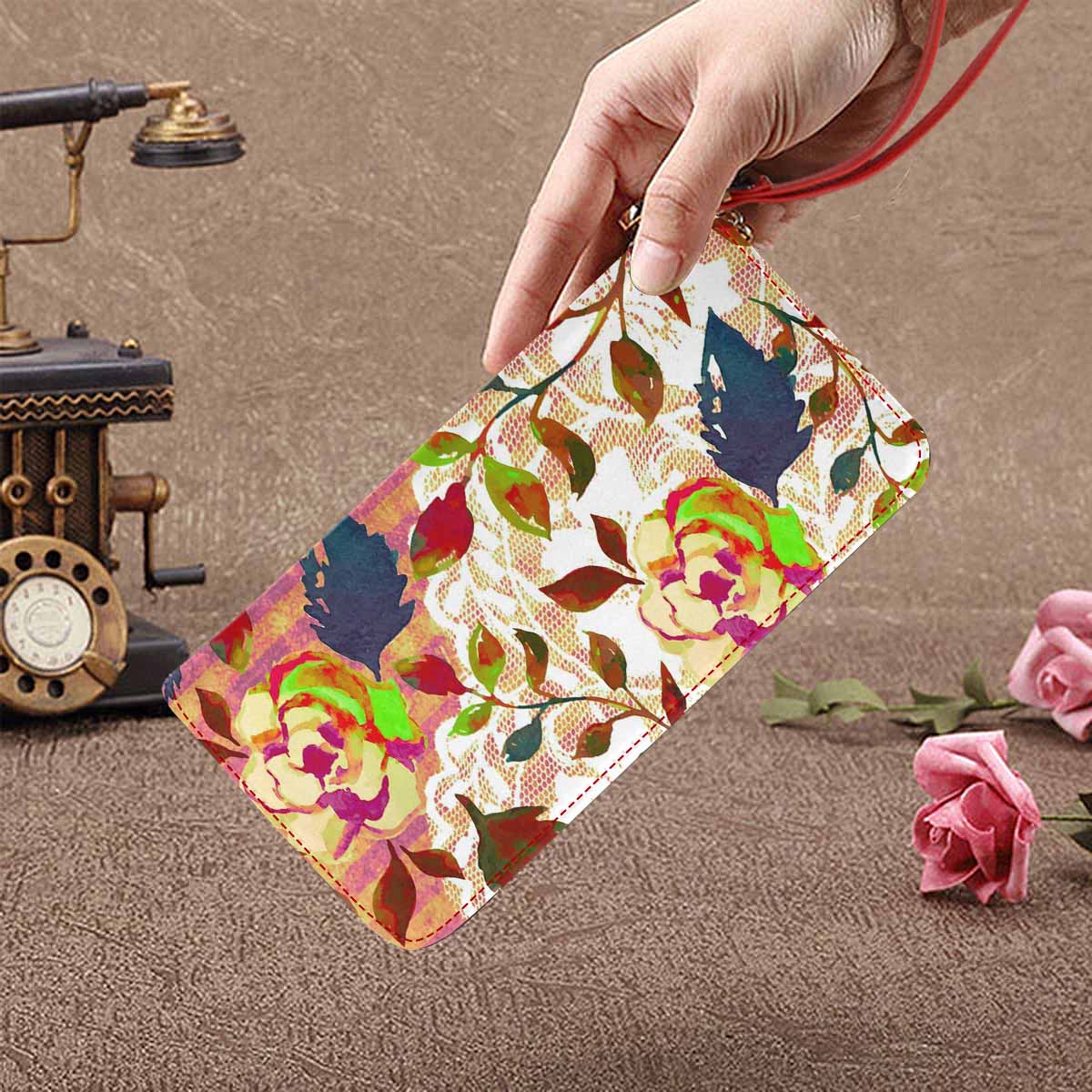 Victorian lace print womens wallet, clutch purse, red trim, design 22