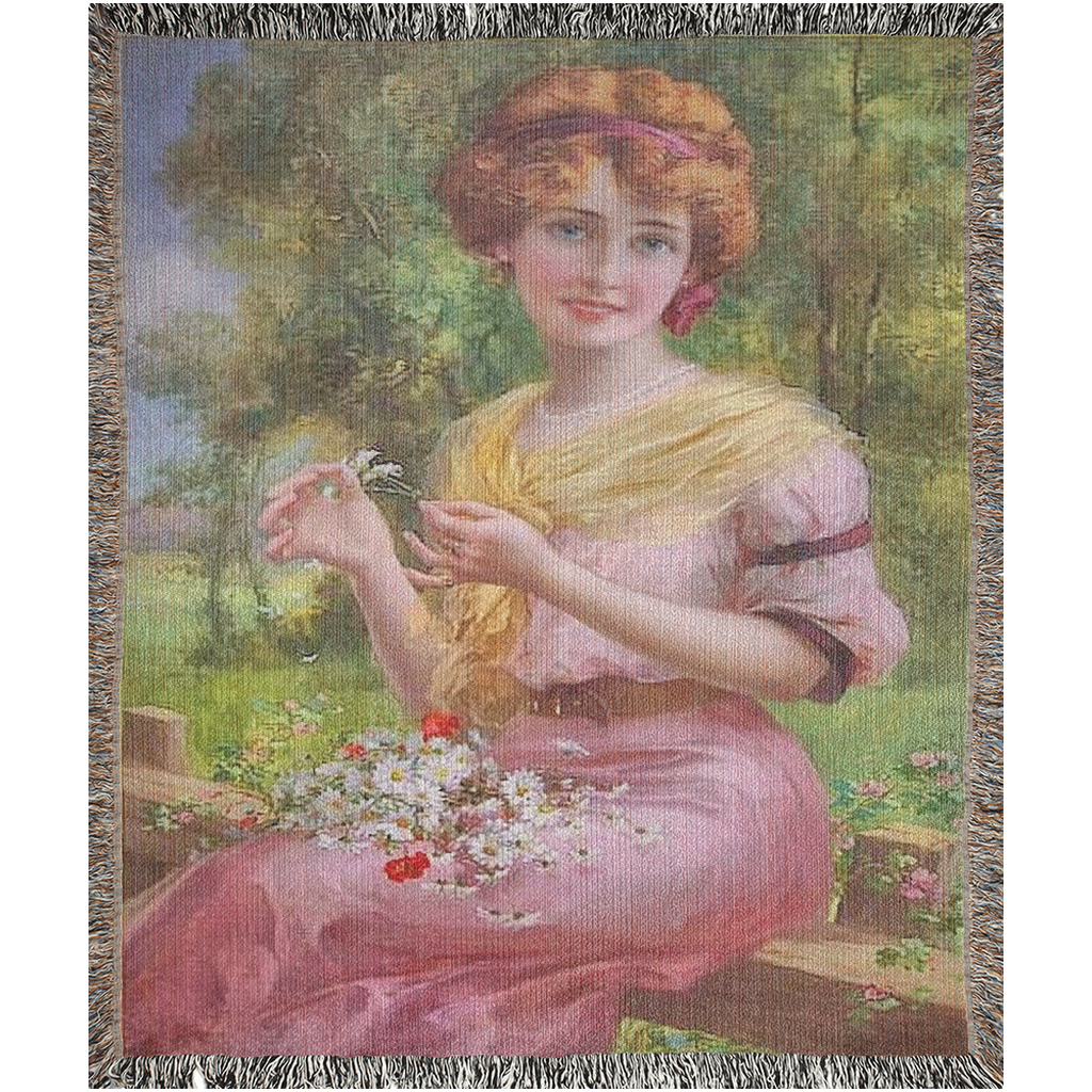 100% cotton Victorian Lady design design woven blanket, 50 x 60 or 60 x 80in, lady in pink