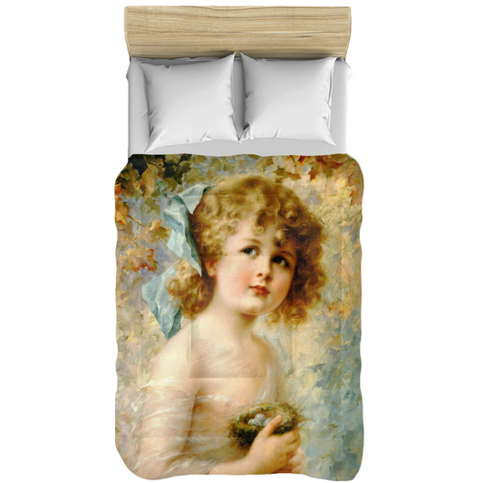 Victorian lady design comforter, twin, twin XL, queen or king, Girl Holding a Nest