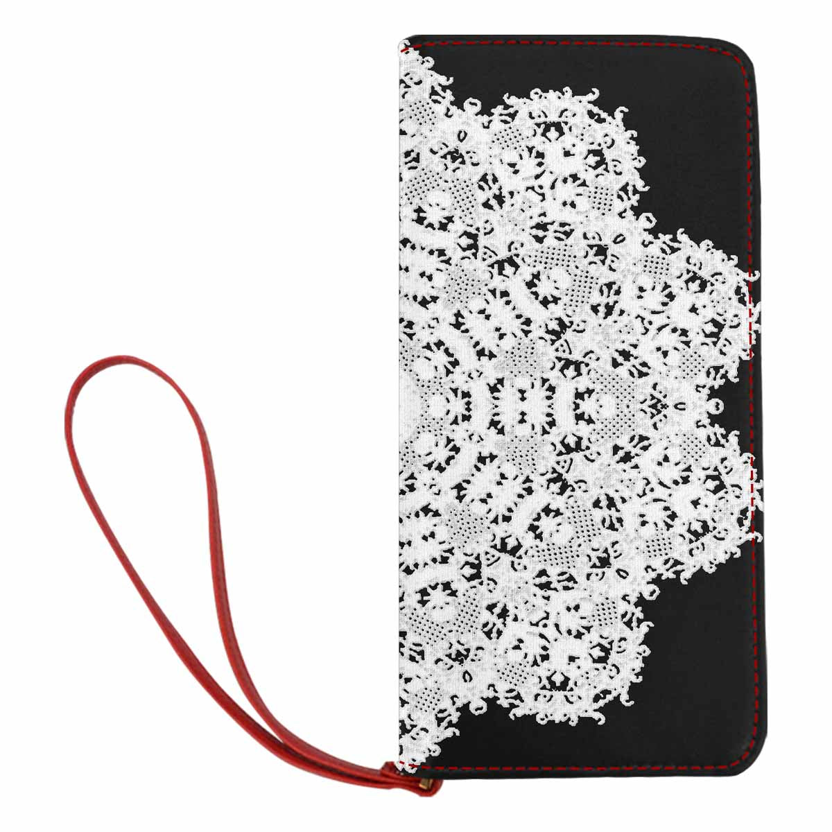 Victorian lace print womens wallet, clutch purse, red trim, design 50