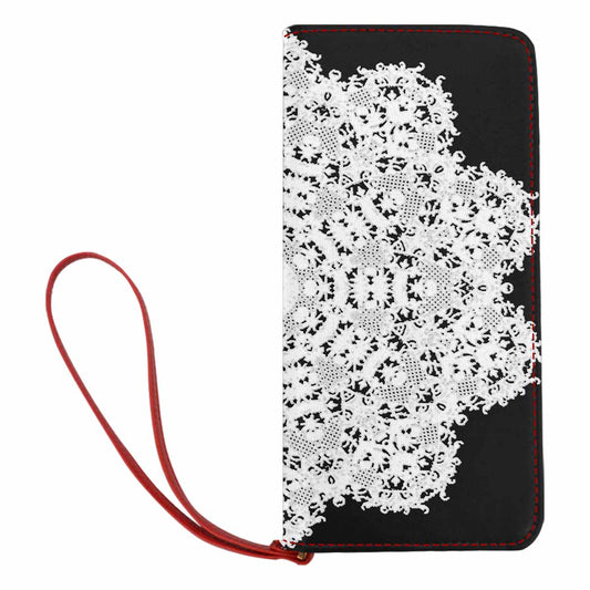 Victorian lace print womens wallet, clutch purse, red trim, design 50