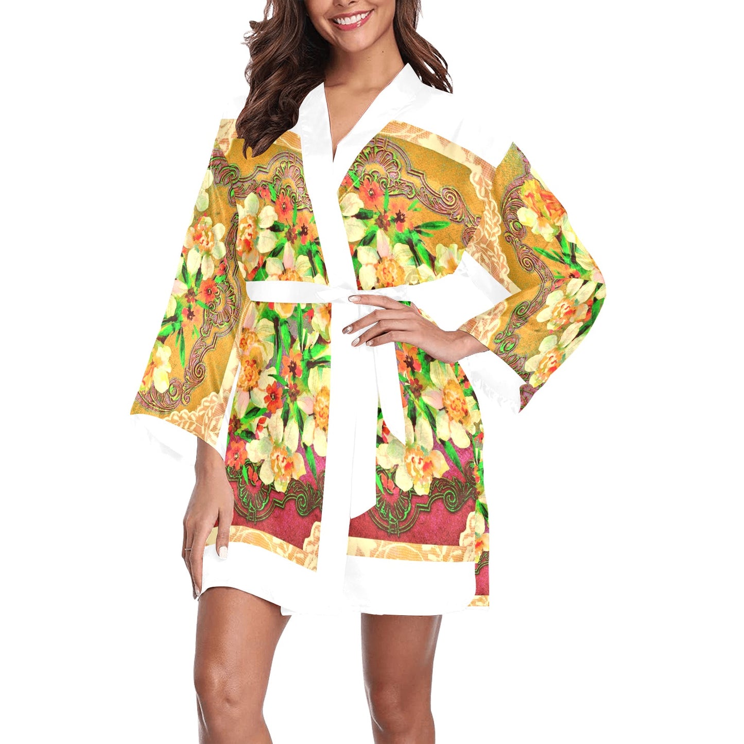 Victorian Lace Kimono Robe, Black or White Trim, Sizes XS to 2XL, Design 48