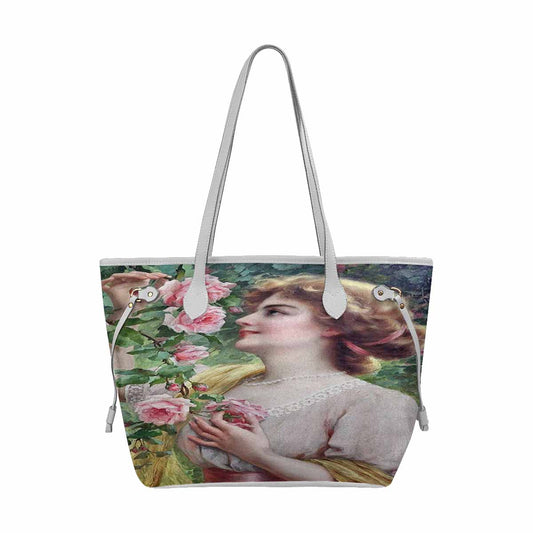 Victorian Lady Design Handbag, Model 1695361, Lady Picking A Pink Rose, WHITE TRIM