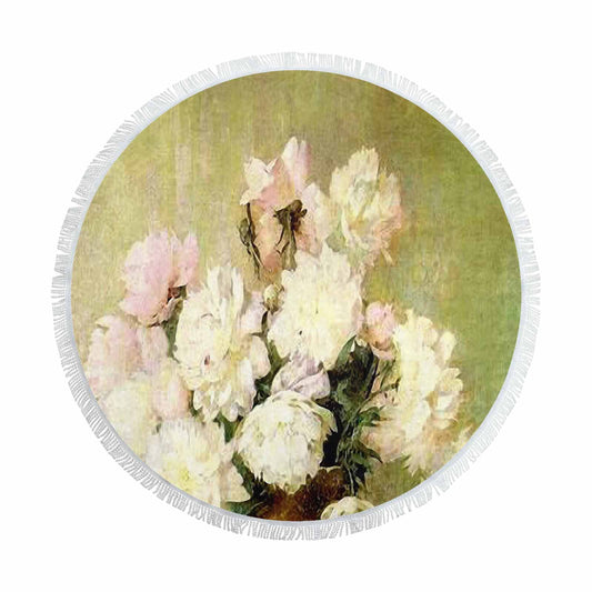 Vintage Floral circular plush beach towel, fringe edges, Design 35