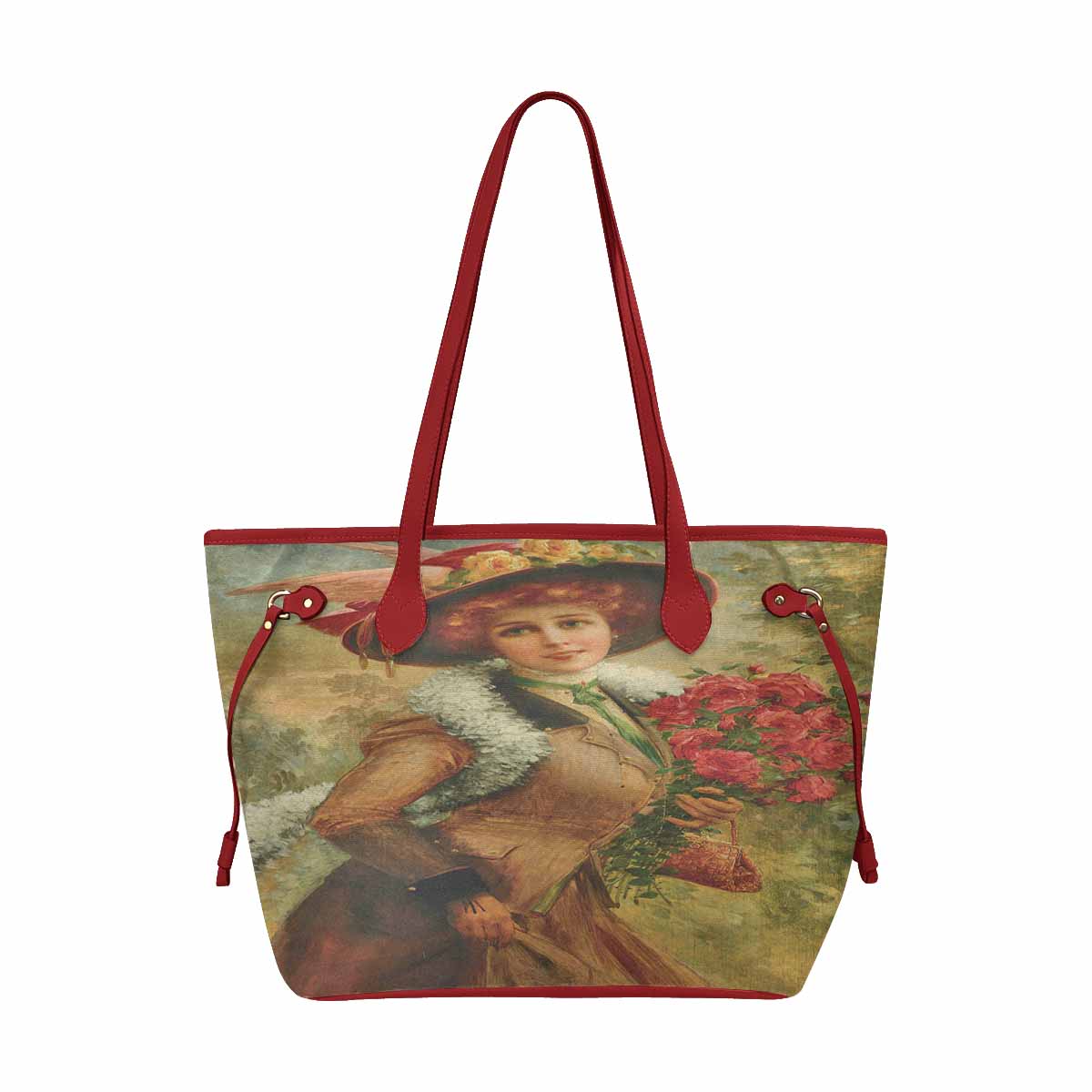 Victorian Lady Design Handbag, Model 1695361, Elegant Lady With A Bouquet of Roses, RED TRIM