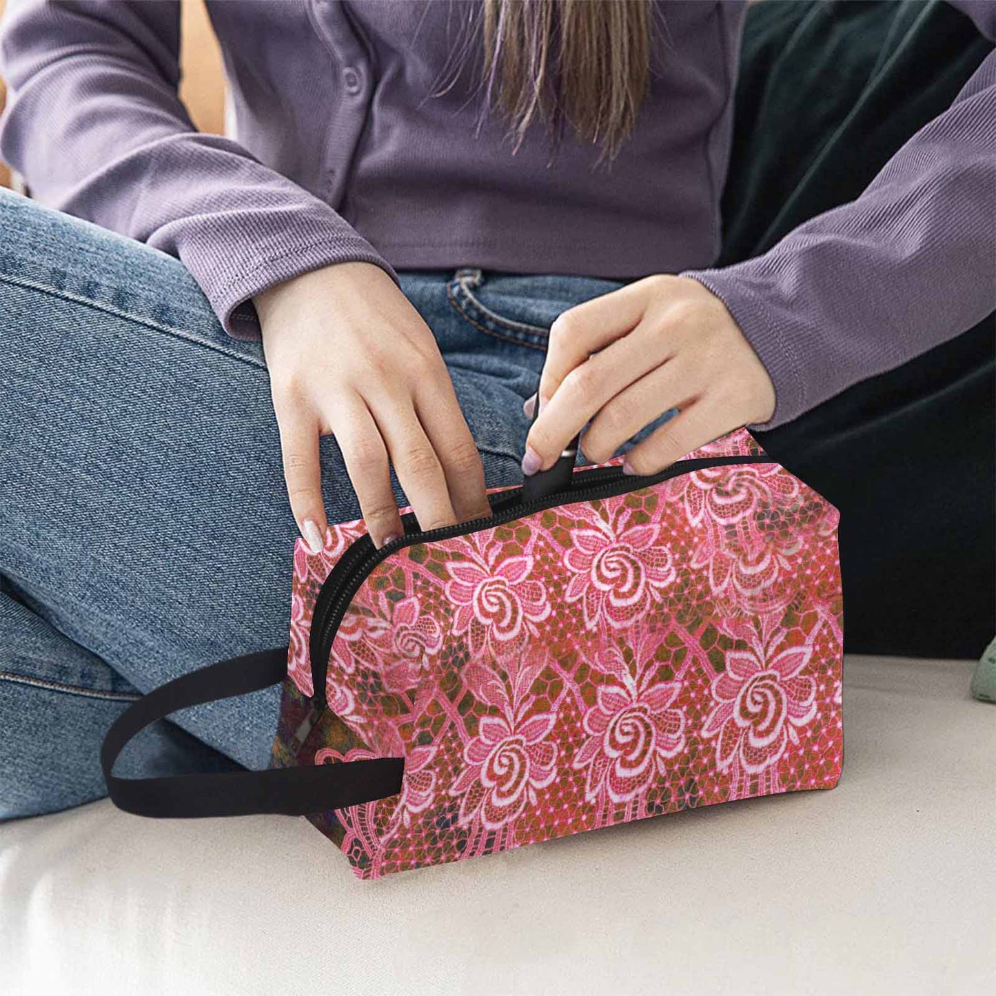 Victorian lace print toiletry comestic bag, design 32