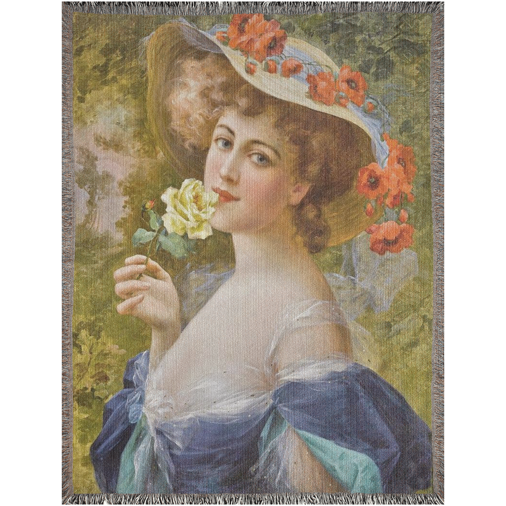 100% cotton Victorian Lady design design woven blanket, 50 x 60 or 60 x 80in, Woman with yellow rose at mouth