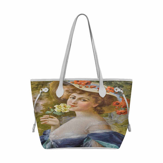 Victorian Lady Design Handbag, Model 1695361, Woman With Yellow Rose At Mouth, WHITE TRIM