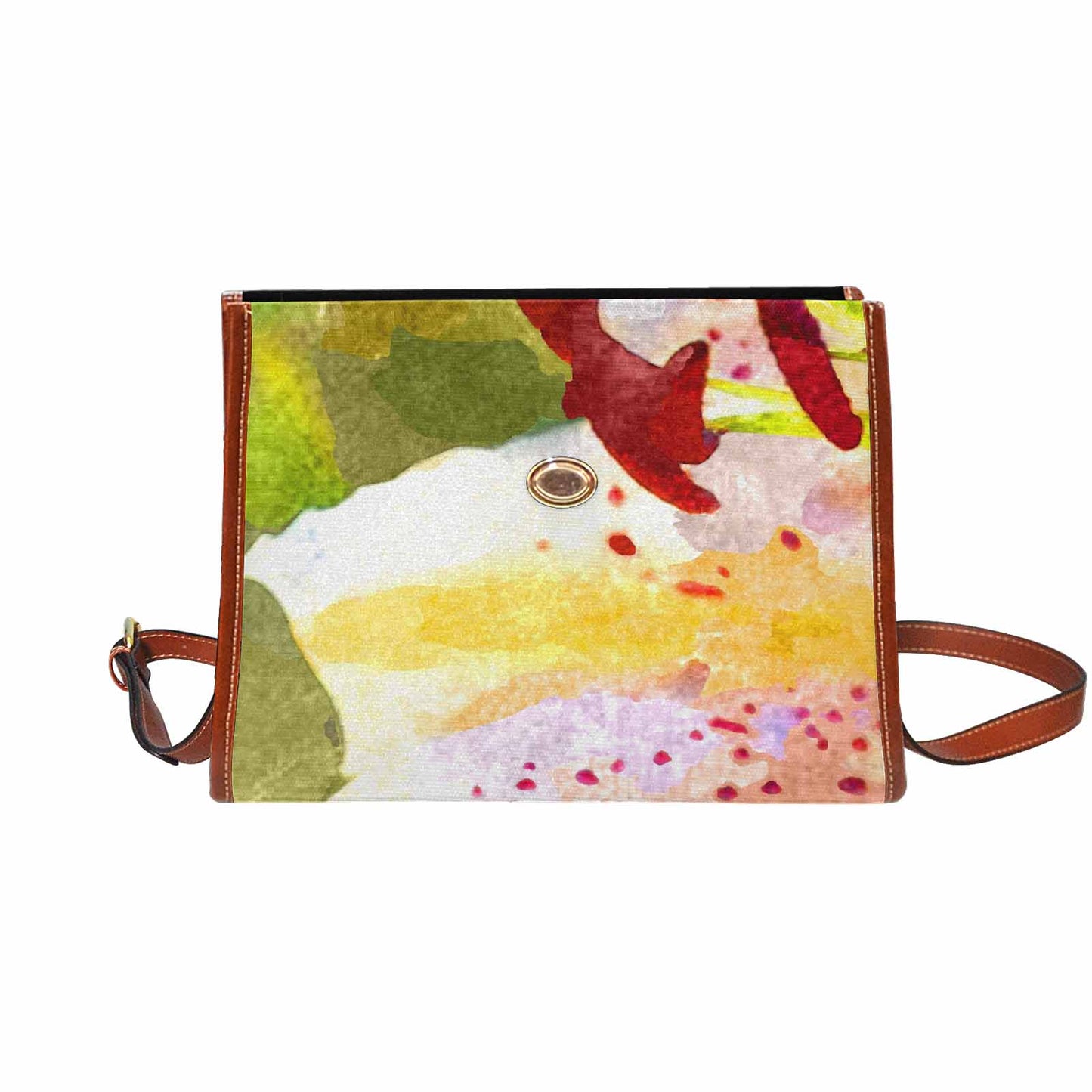 Water Color Florals, All Over Print Waterproof Canvas Bag, Mod 1695341 Design 088, BROWN STRAP