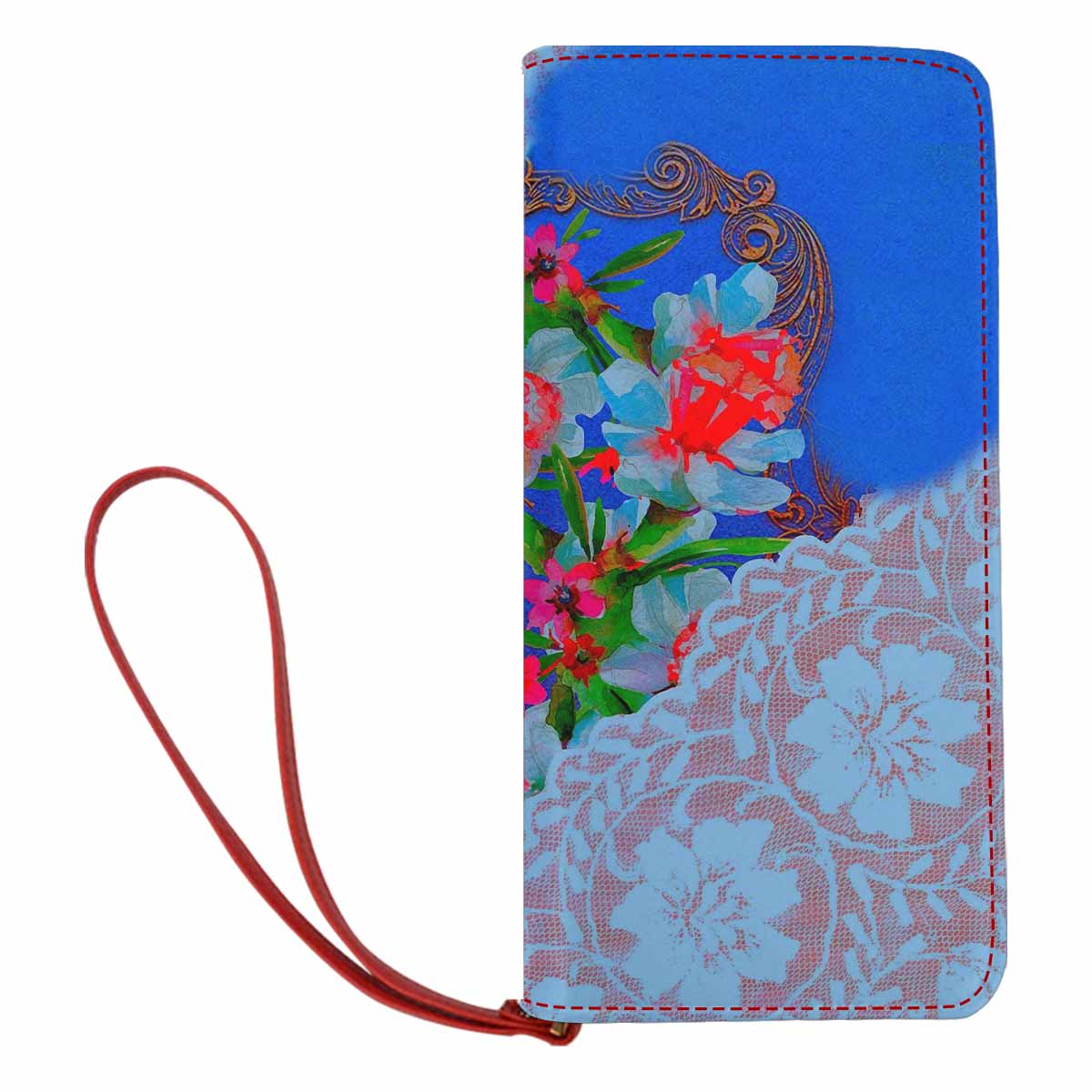 Victorian lace print womens wallet, clutch purse, red trim, design 46