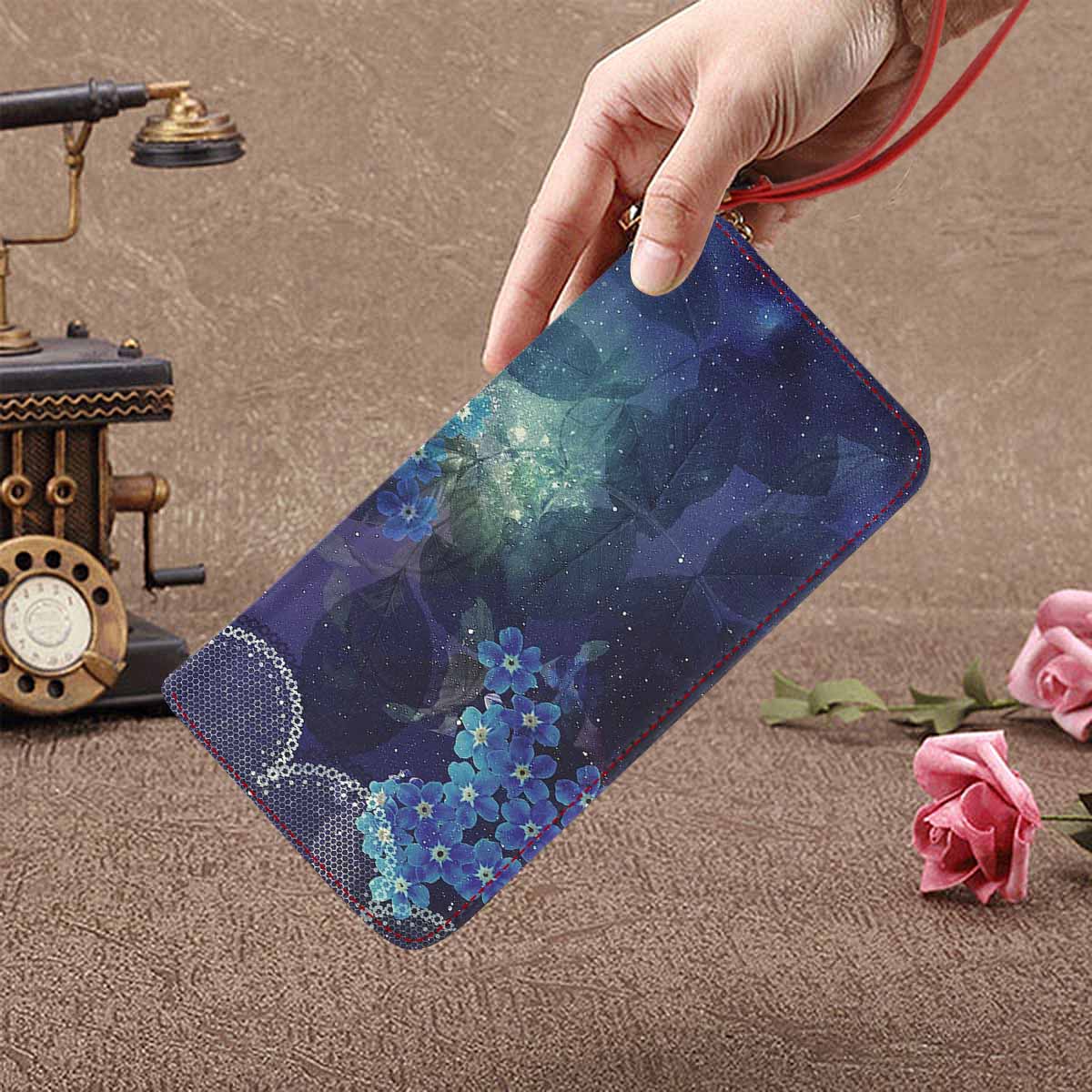 Victorian lace print womens wallet, clutch purse, red trim, design 02