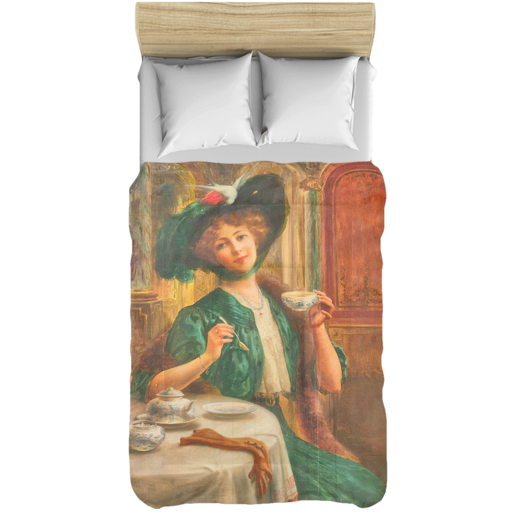 Victorian lady design comforter, twin, twin XL, queen or king, lady in green