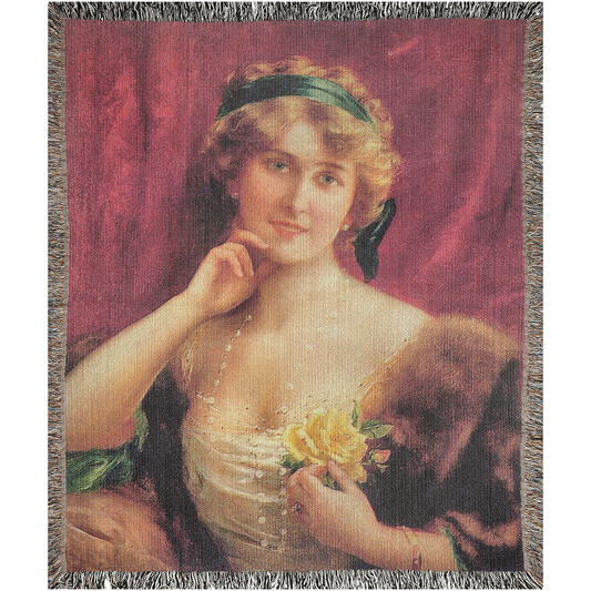 100% cotton Victorian Lady design design woven blanket, 50 x 60 or 60 x 80in, Elegant Lady with a YELLOW Roses