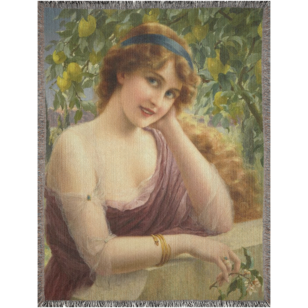 100% cotton Victorian Lady design design woven blanket, 50 x 60 or 60 x 80in, Girl by the Lemon Tree