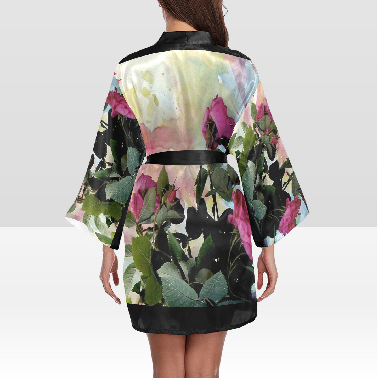Vintage Floral Kimono Robe, Black or White Trim, Sizes XS to 2XL, Design 21