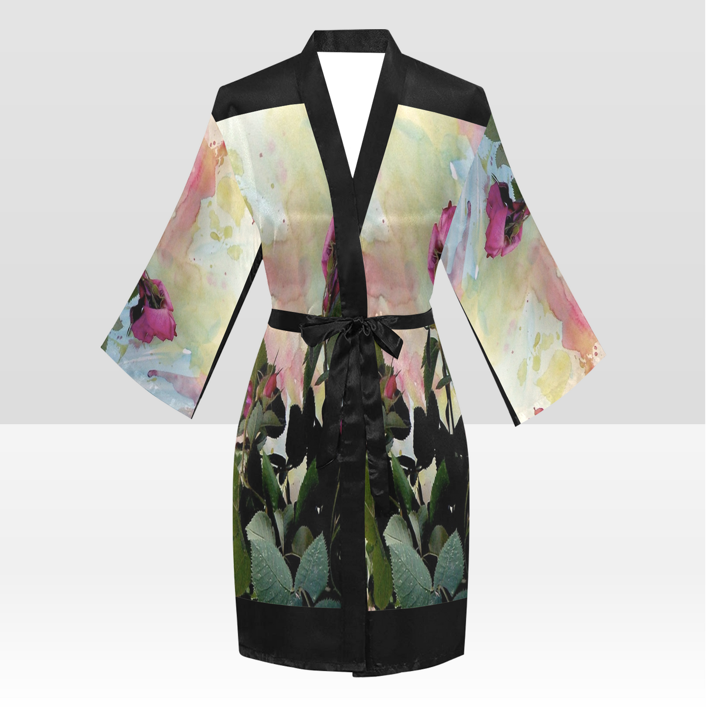 Vintage Floral Kimono Robe, Black or White Trim, Sizes XS to 2XL, Design 21