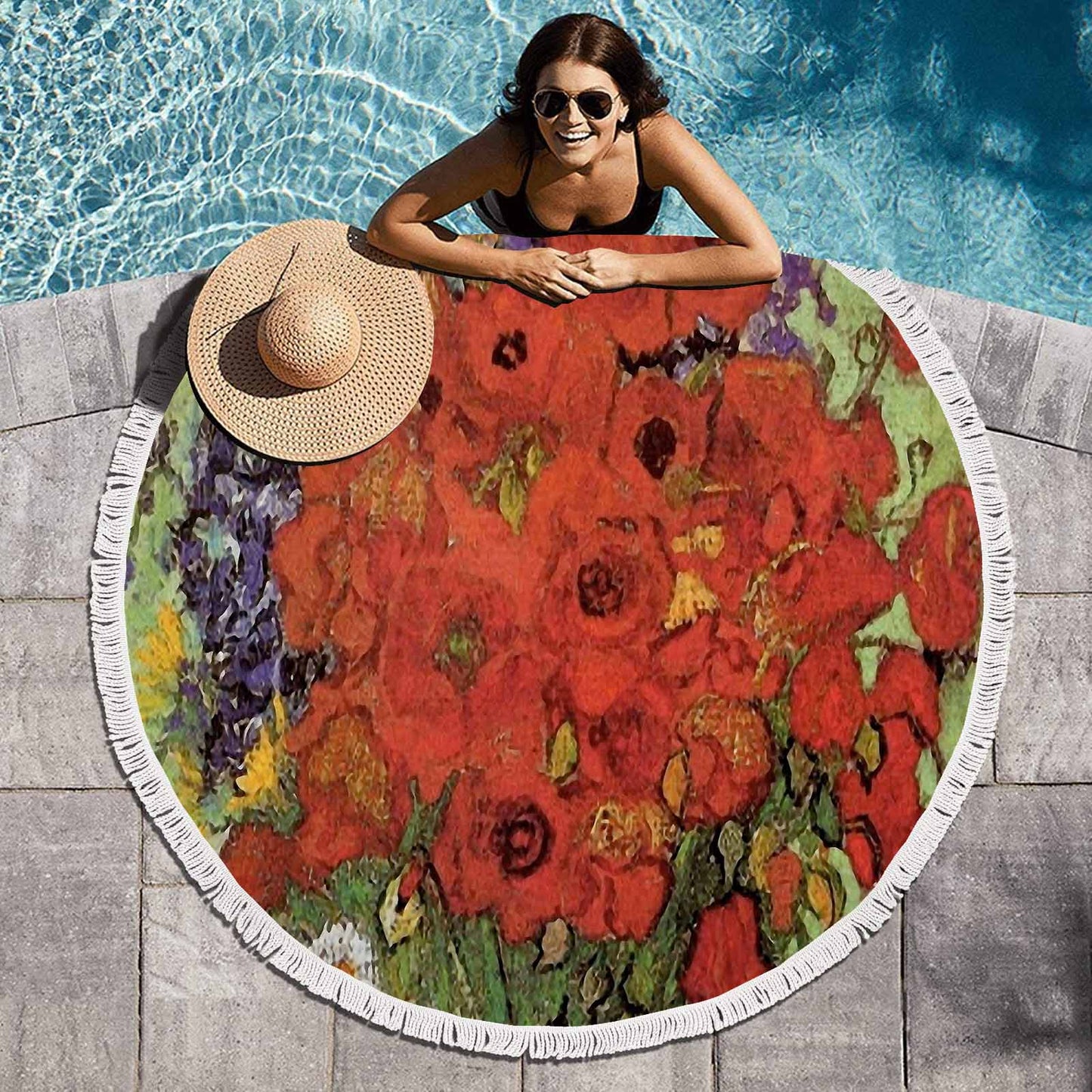 Vintage Floral circular plush beach towel, fringe edges, Design 47