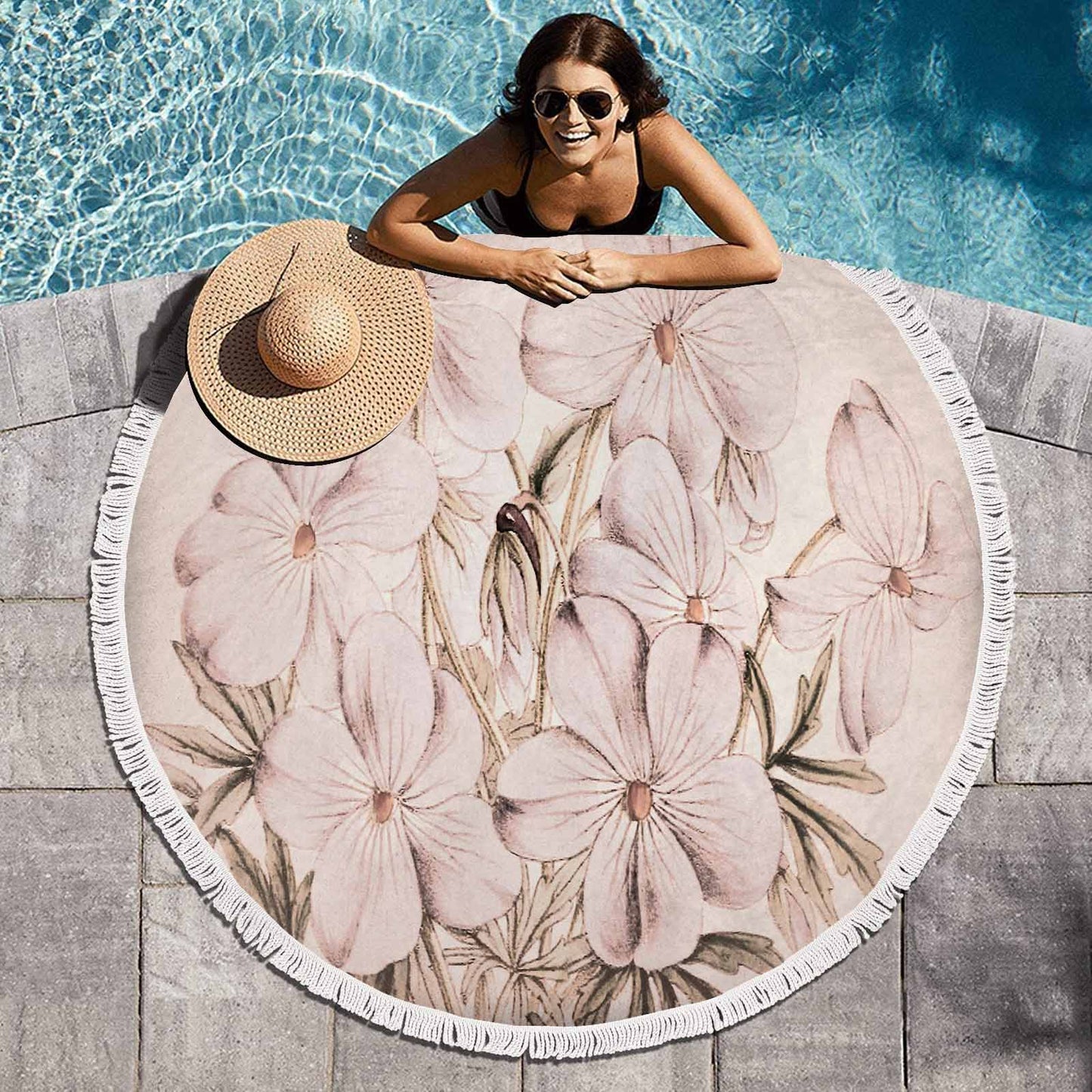 Vintage Floral circular plush beach towel, fringe edges, Design 13x