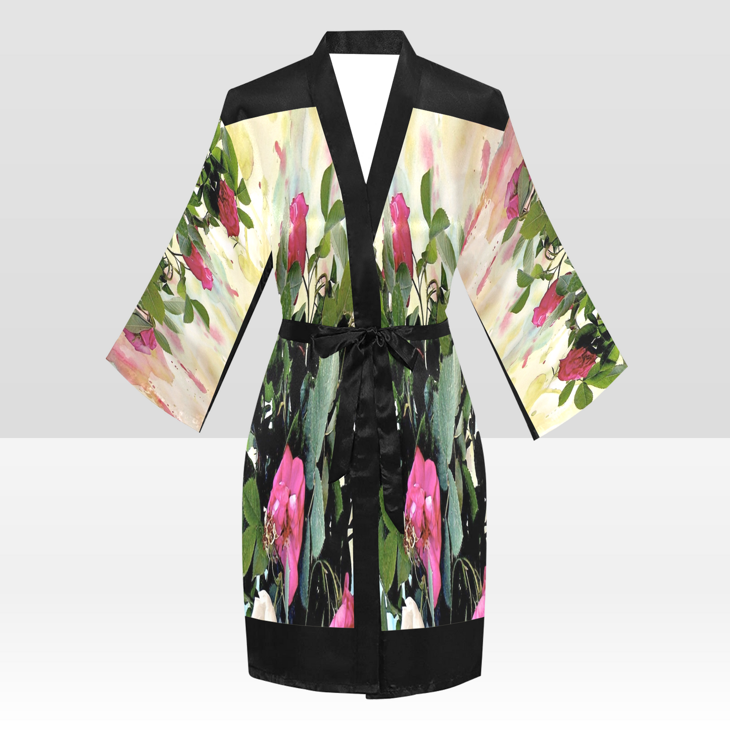 Vintage Floral Kimono Robe, Black or White Trim, Sizes XS to 2XL, Design 22