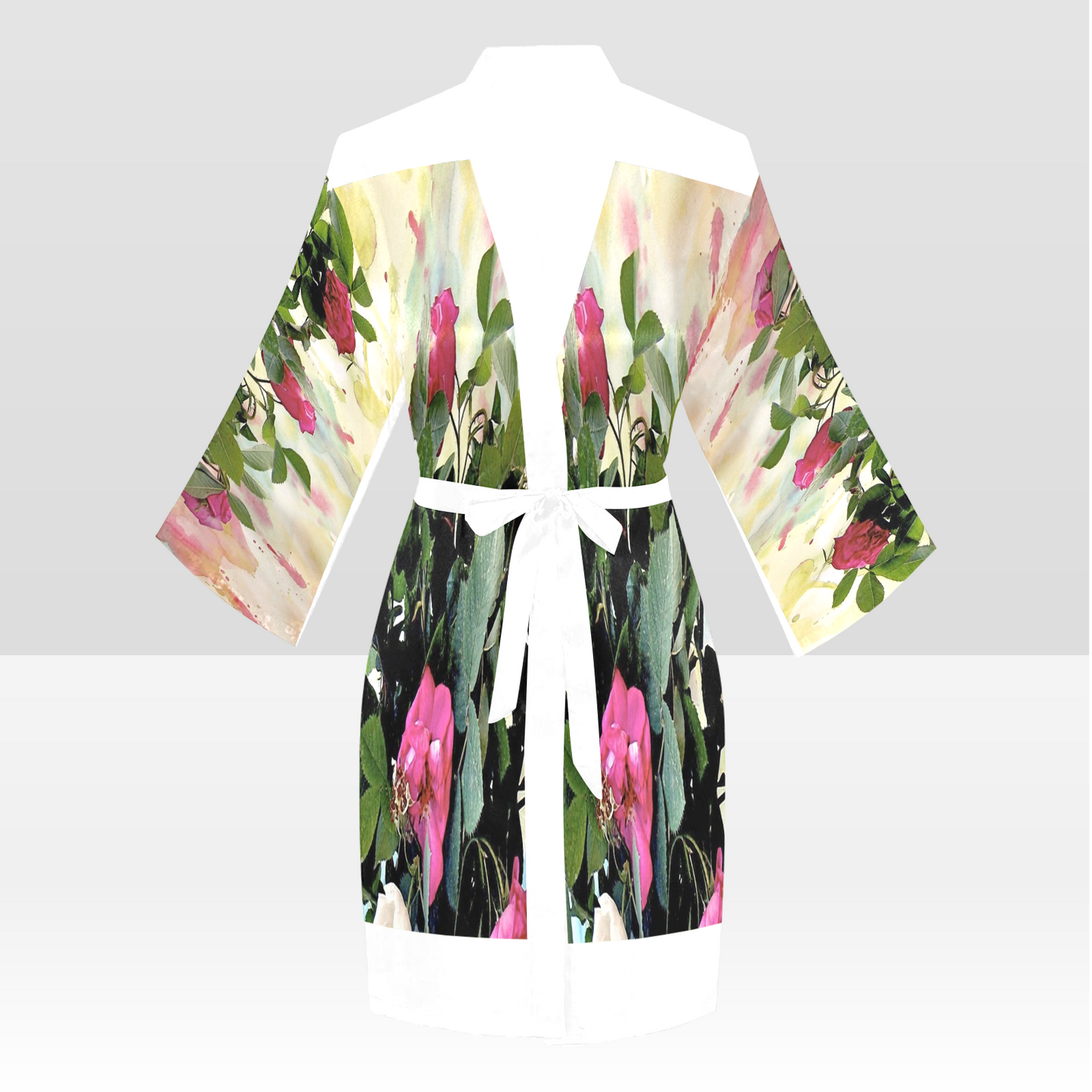 Vintage Floral Kimono Robe, Black or White Trim, Sizes XS to 2XL, Design 22