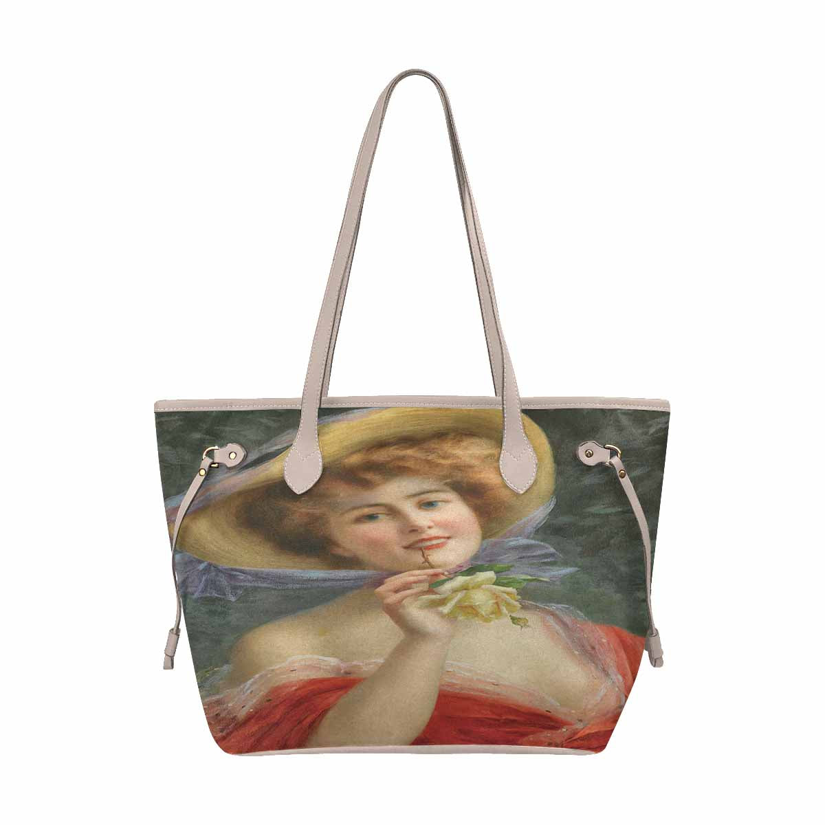 Victorian Lady Design Handbag, Model 1695361, Young Girl With A Rose, BEIGE/TAN TRIM