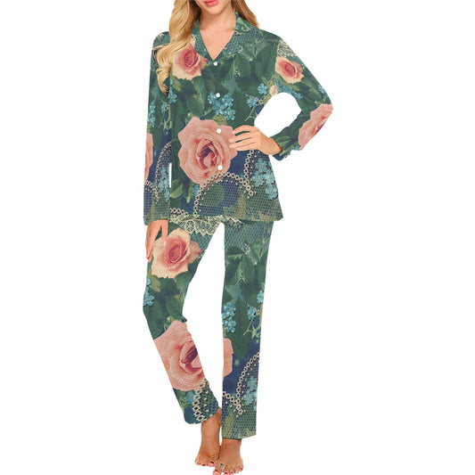 Victorian printed lace pajama set, design 01 Women's Long Pajama Set (Sets 02)