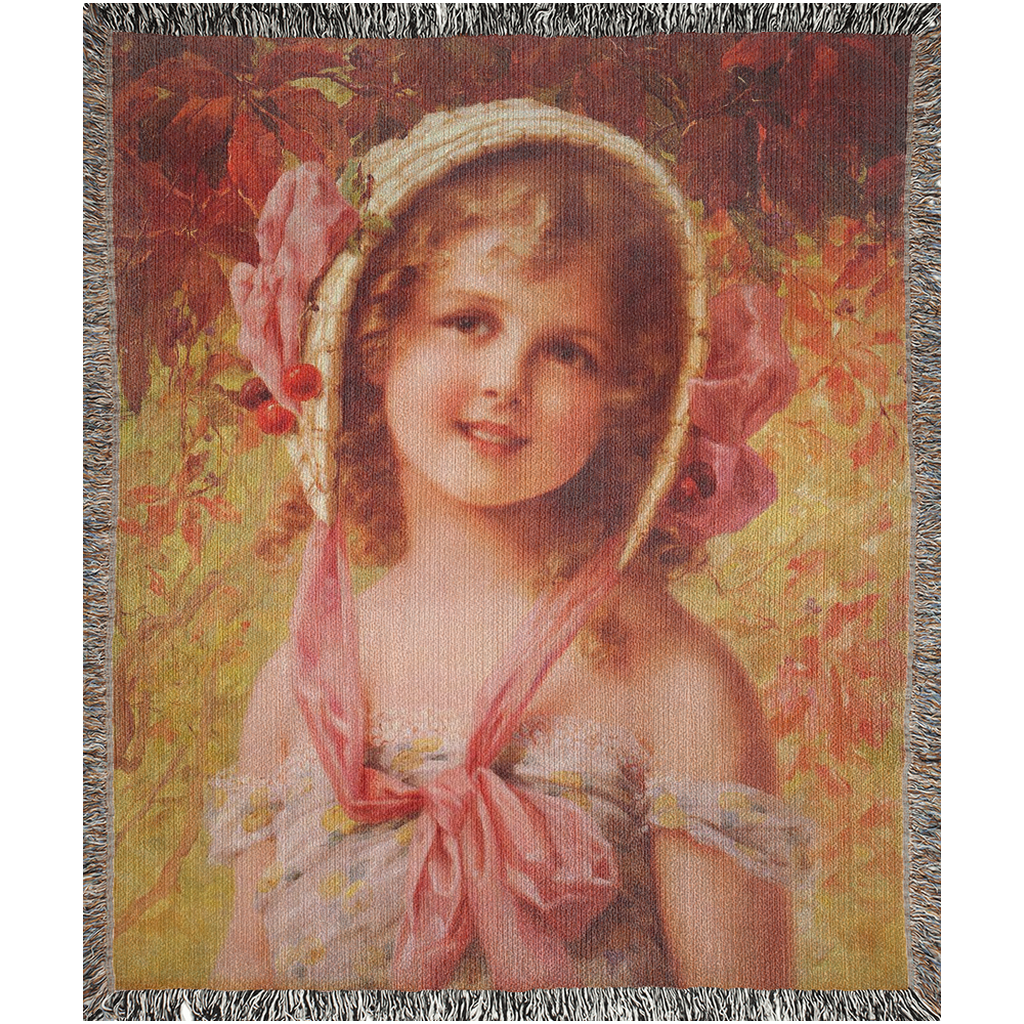 100% cotton Victorian Girl design woven blanket, 50 x 60 or 60 x 80in, THE CHERRY BONNET