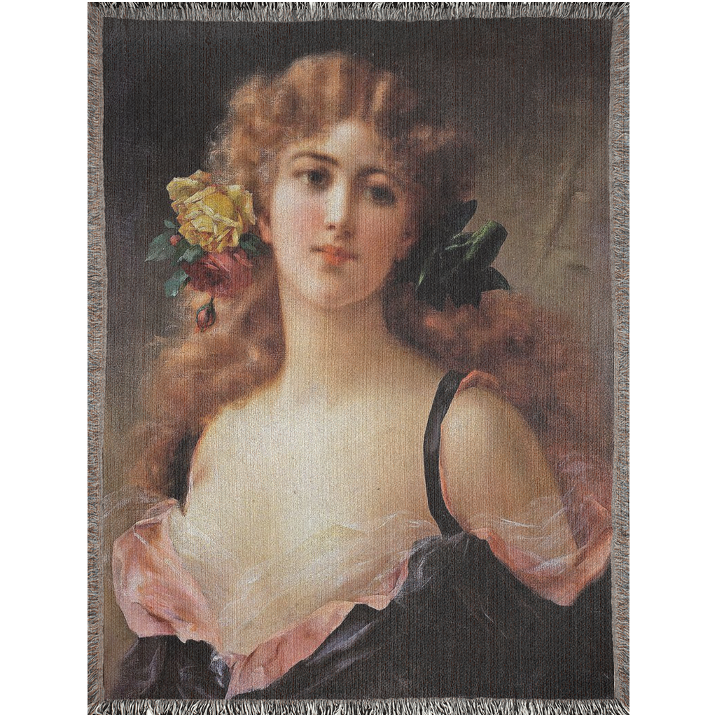 100% cotton Victorian Lady design design woven blanket, 50 x 60 or 60 x 80in, Portrait of a Young Girl