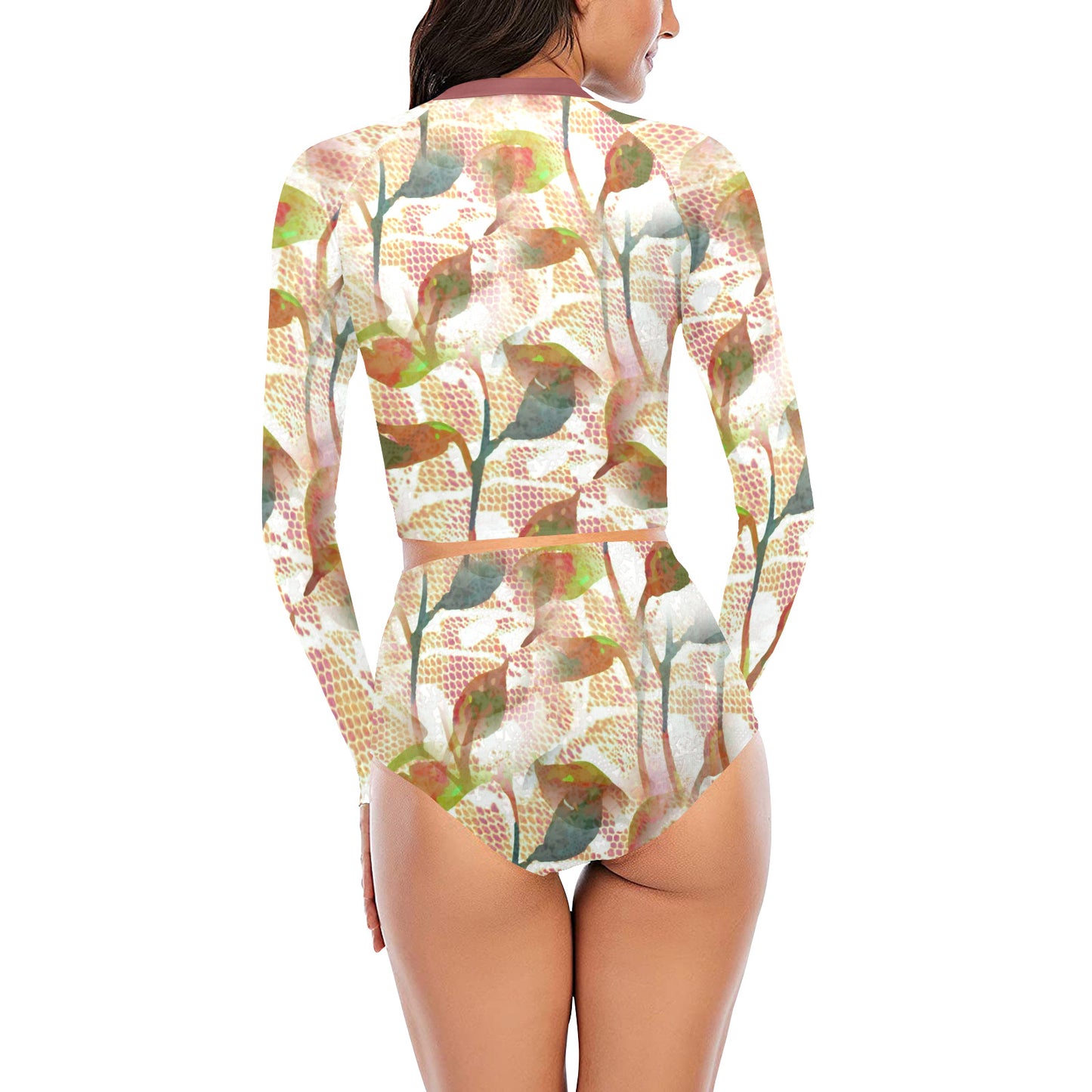 Victorian printed lace, long sleeve 2pc swimsuit, beachwear, design 52 Long Sleeve Bikini Set (Model S27)