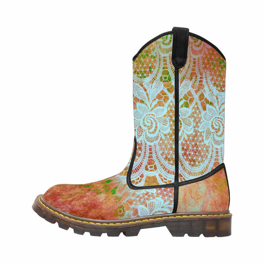 Victorian lace print, western lumber boots, design 31