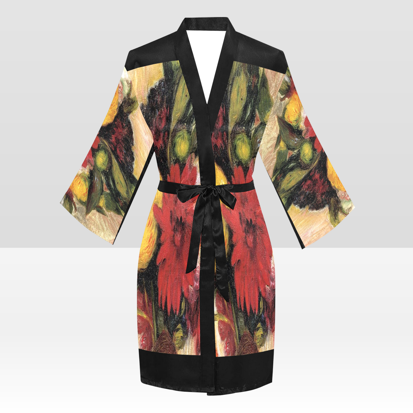 Vintage Floral Kimono Robe, Black or White Trim, Sizes XS to 2XL, Design 25
