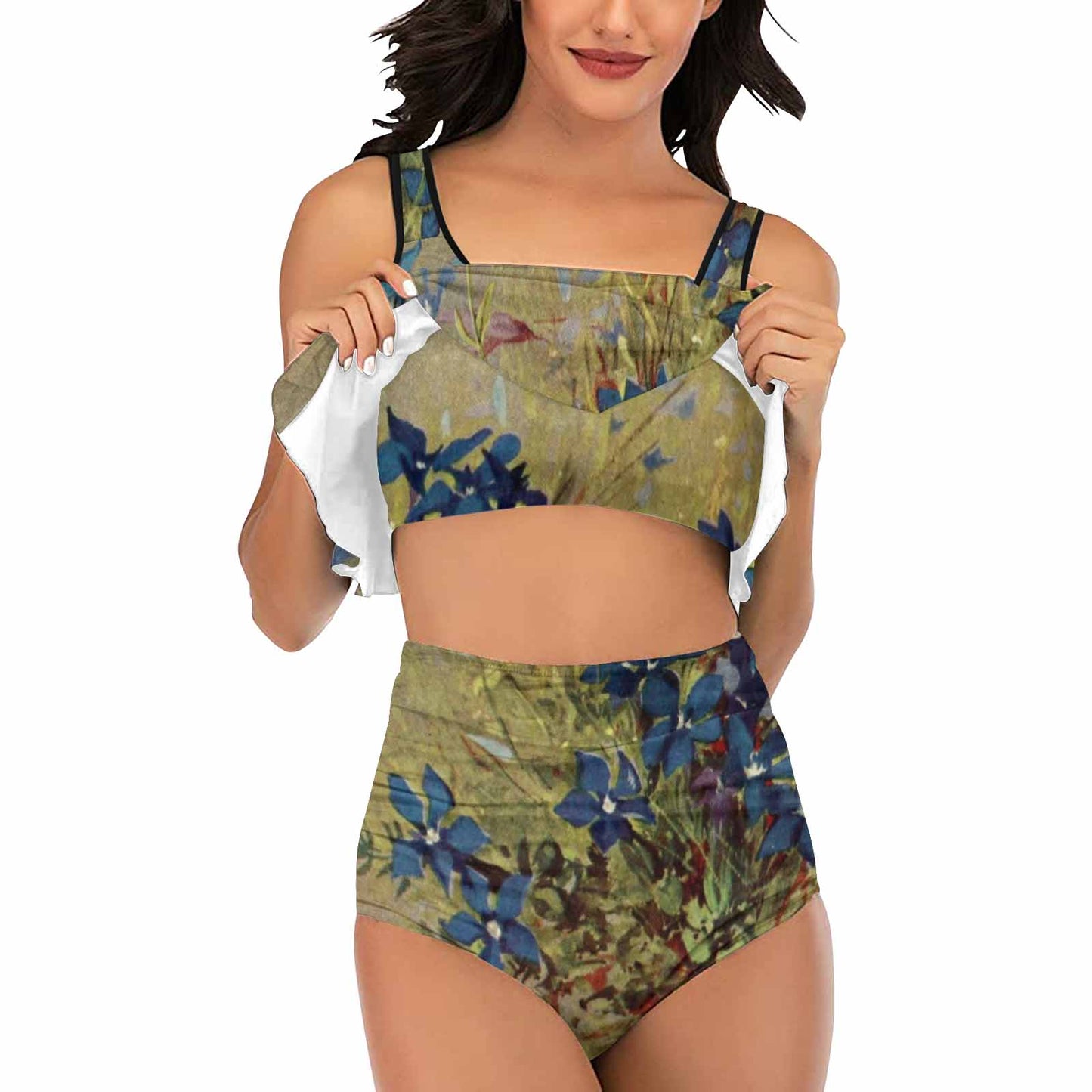 Vintage floral high waisted flounce top bikini, swim wear, Design 39