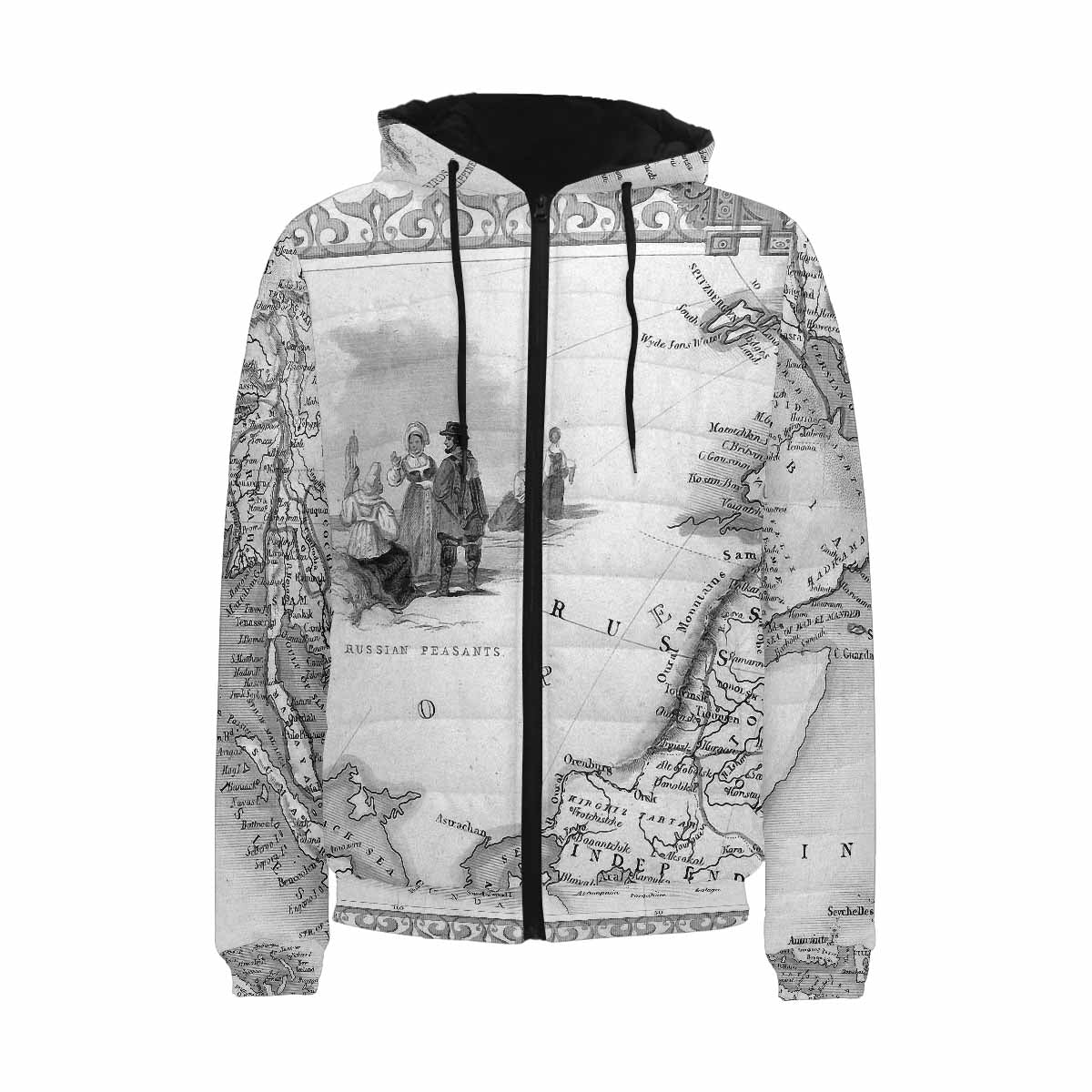 Antique Map design, mens lightweight, warm, quilted hooded bomber jacket, design, 35