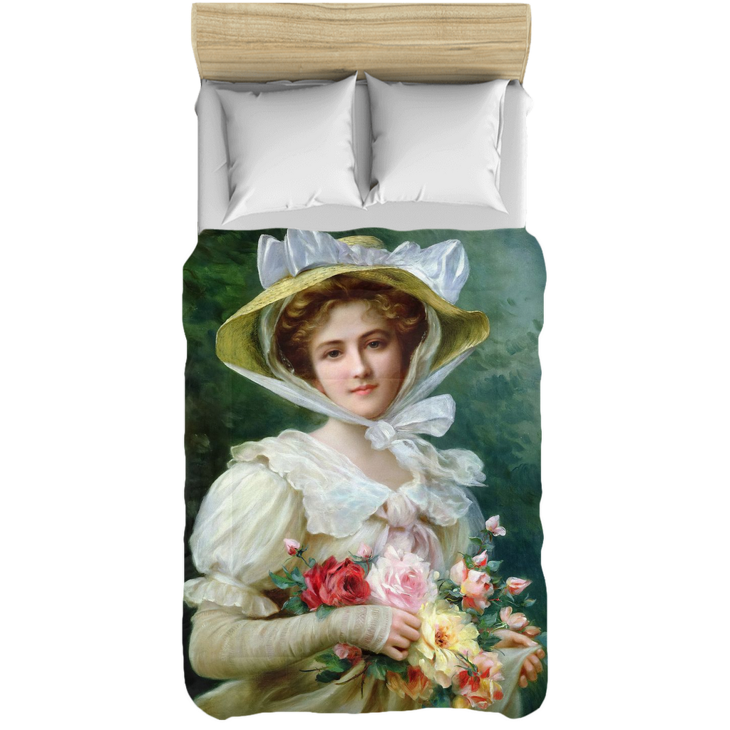 Victorian lady design comforter, twin, twin XL, queen or king, Elegant Lady with a Bouquet of Roses 1