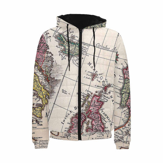 Antique Map design, mens lightweight, warm, quilted hooded bomber jacket, design, 43