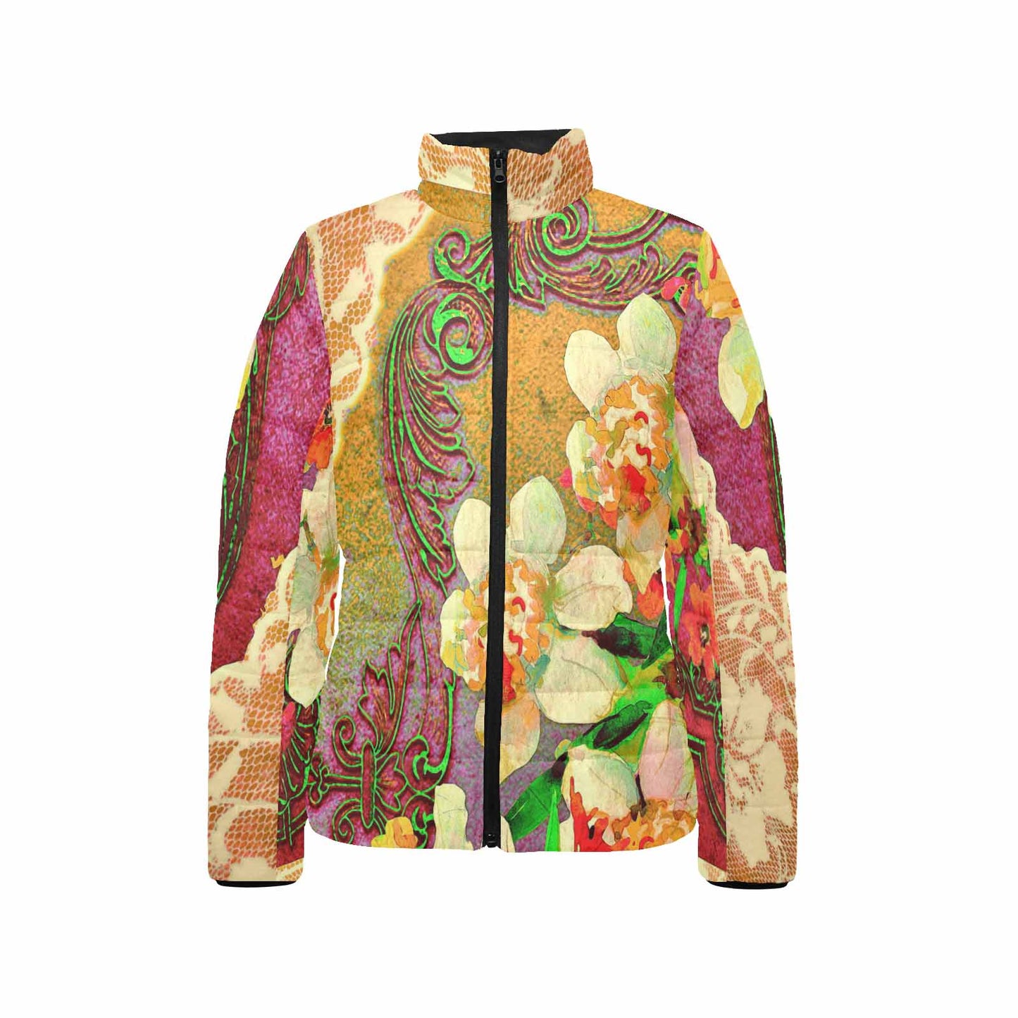 Victorian Lace print womens padded quilted jacket, design 48