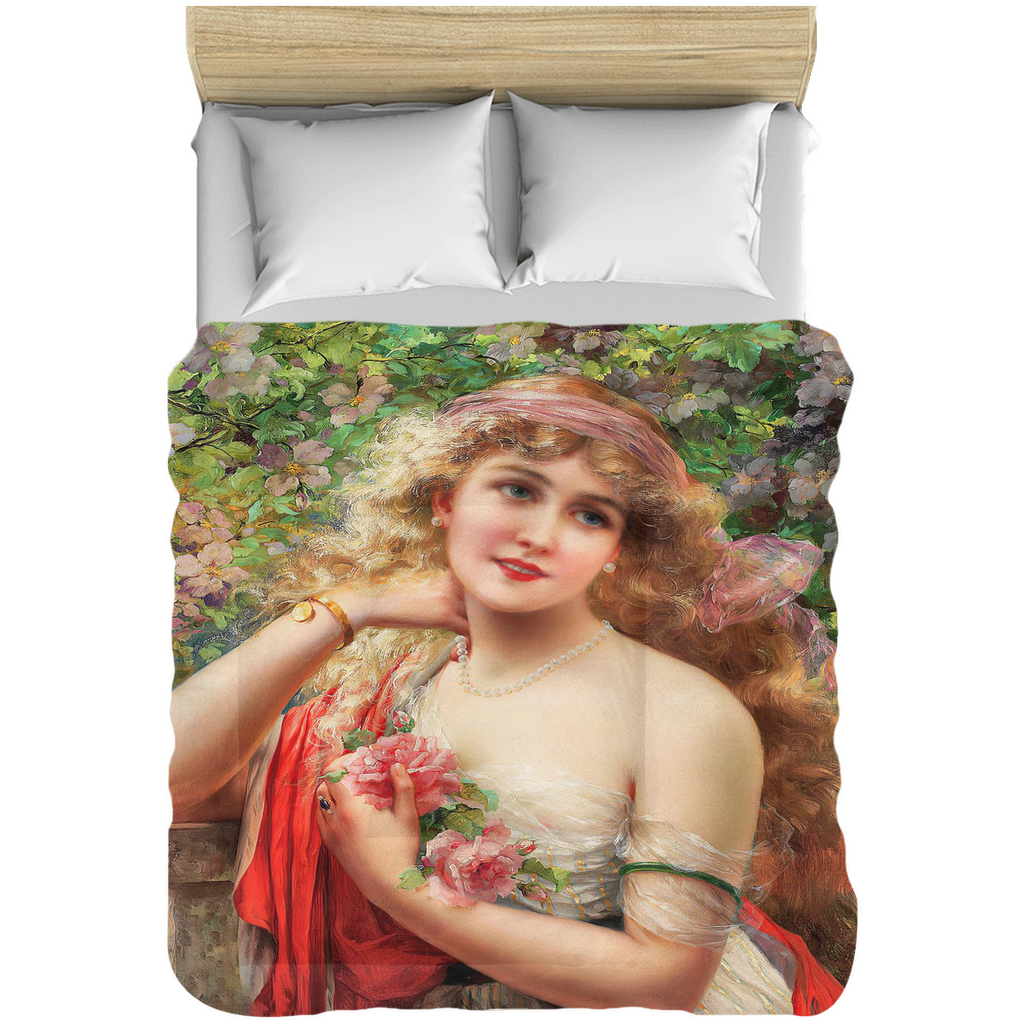 Victorian lady design comforter, twin, twin XL, queen or king, Young Lady With Roses