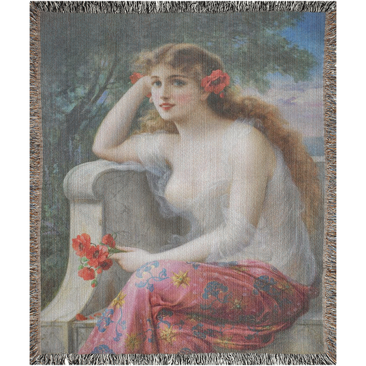 100% cotton Victorian Lady design design woven blanket, 50 x 60 or 60 x 80in, Young Beauty with Poppies