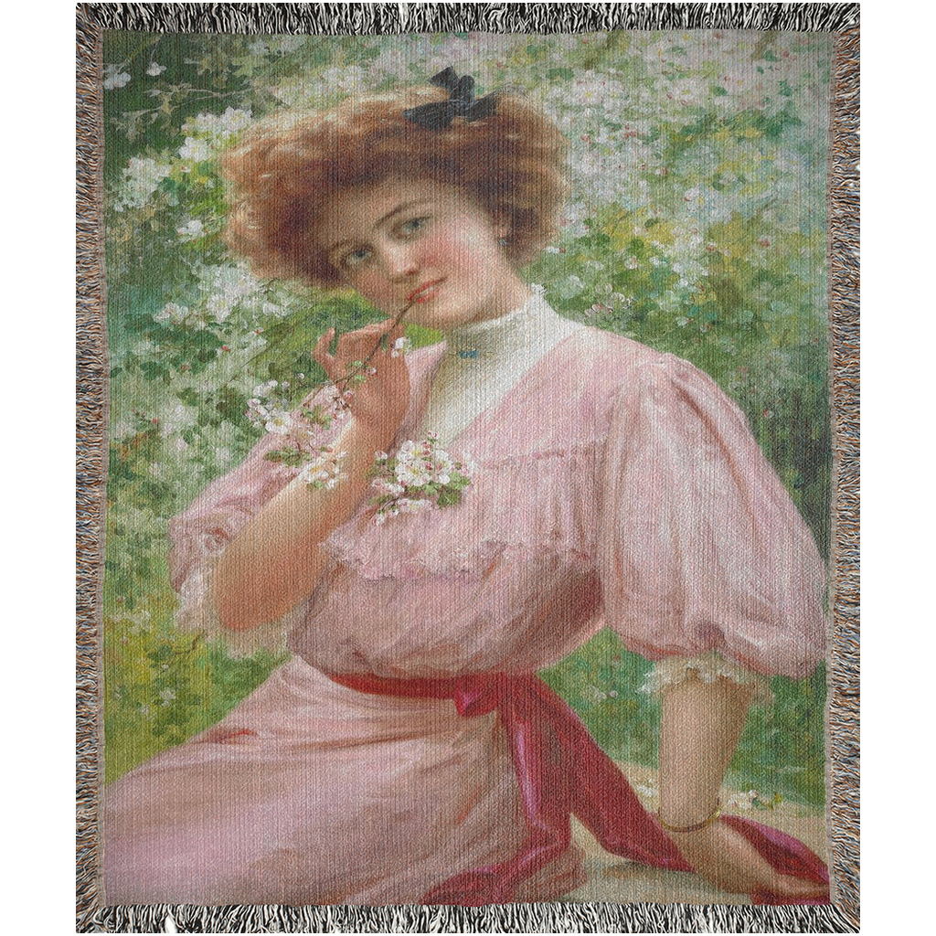 100% cotton Victorian Lady design design woven blanket, 50 x 60 or 60 x 80in, Pretty In Pink