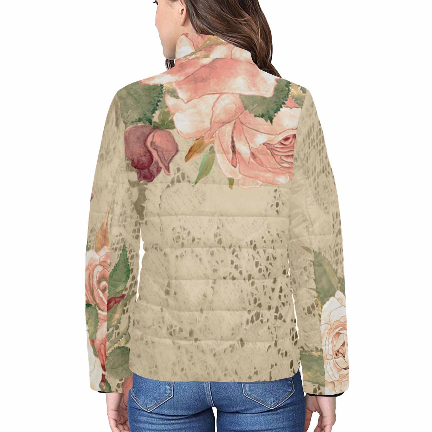 Victorian Lace print womens padded quilted jacket, design 25